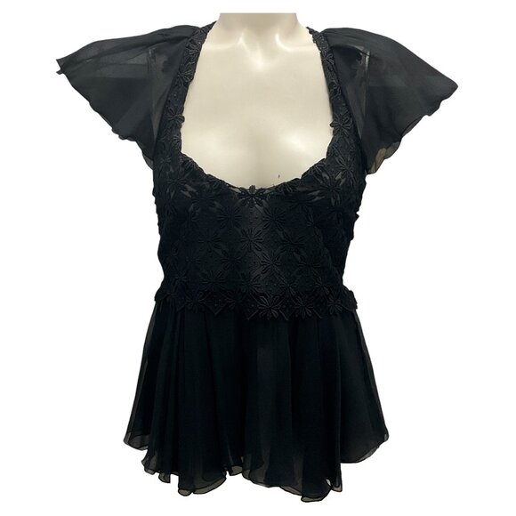 Giambattista Valli Black Short Sleeved Lace and Silk Chiffon Top - Picture 1 of 5